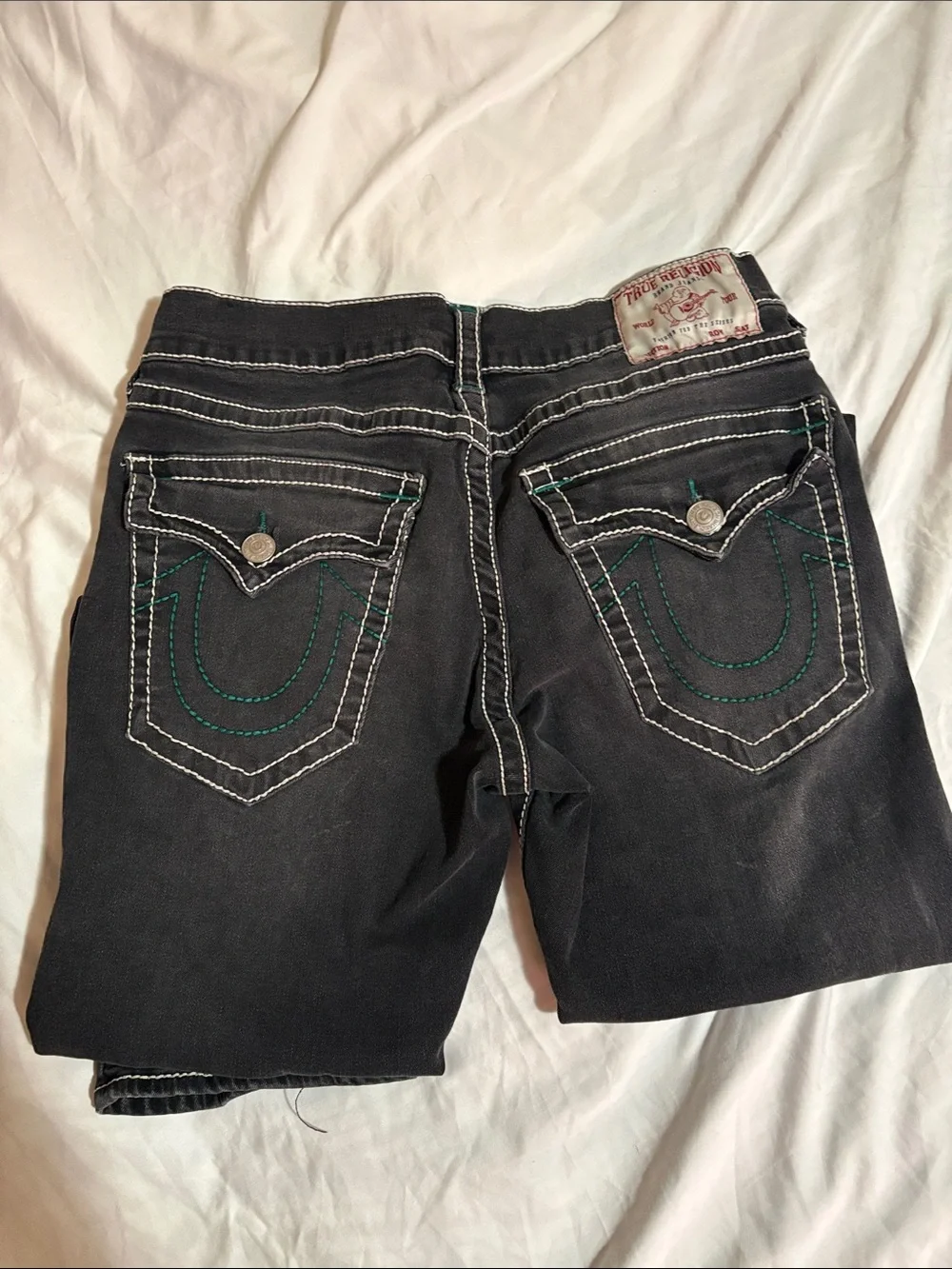 True Religion Men's Black Relaxed Jeans with Green Stitching